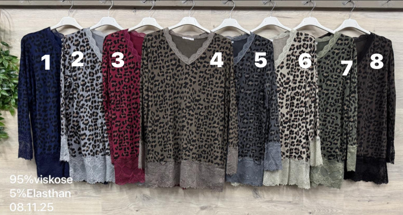 Leopardenprint Viskose-Longsleeve bis 46 Spitzensaum