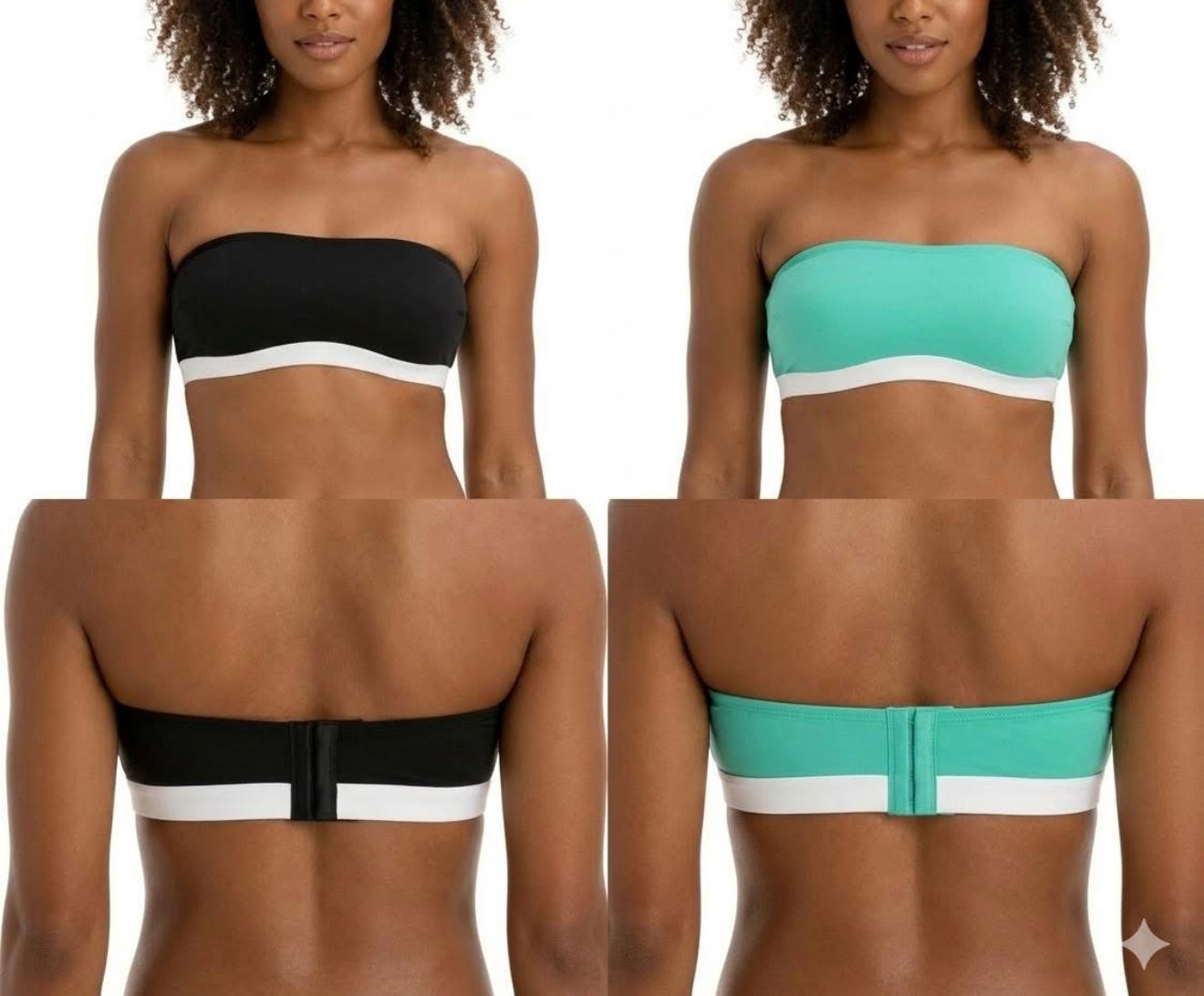 2er Set Damen Bandeau-BH trägerloser BH aus Bio-Baumwolle ohne Bügel Schwarz/Türkis oder blau/weiss