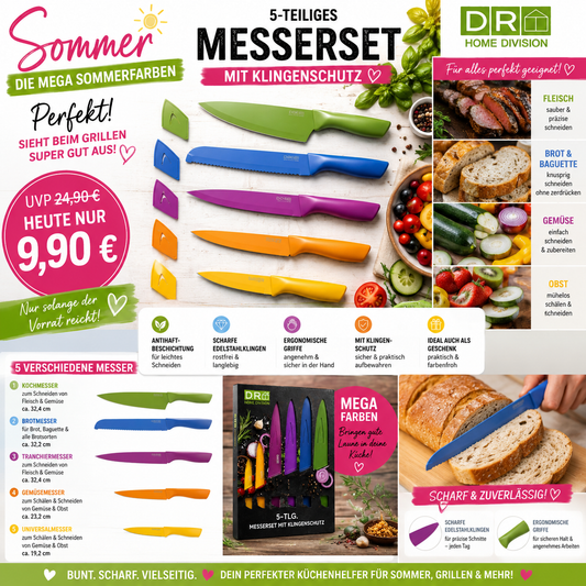5-teiliges Messer-Set – Bunte Sommerfarben mit Klingenschutz | Edelstahl Küchenmesser