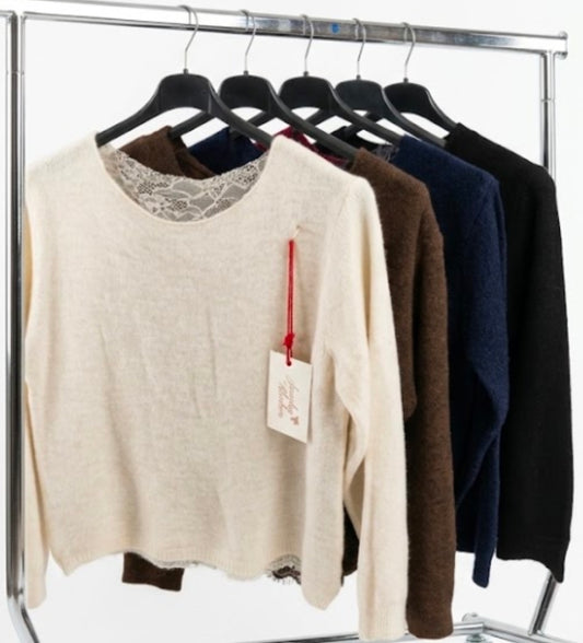 Edler Feinstrick-Pullover mit Spitzen-Rücken