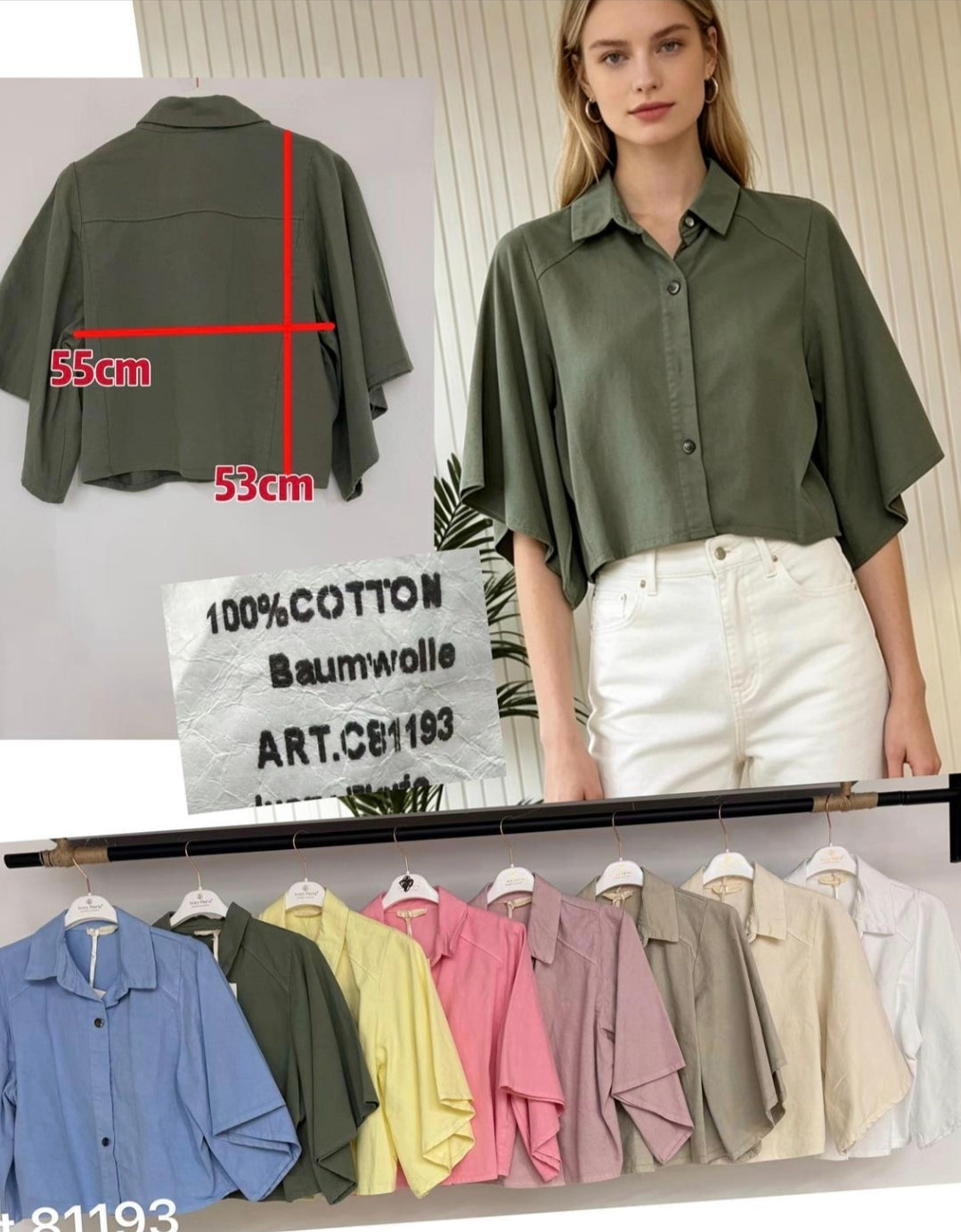 Kurzarm-Blusenjacke aus 100% Baumwolle bis Gr.44